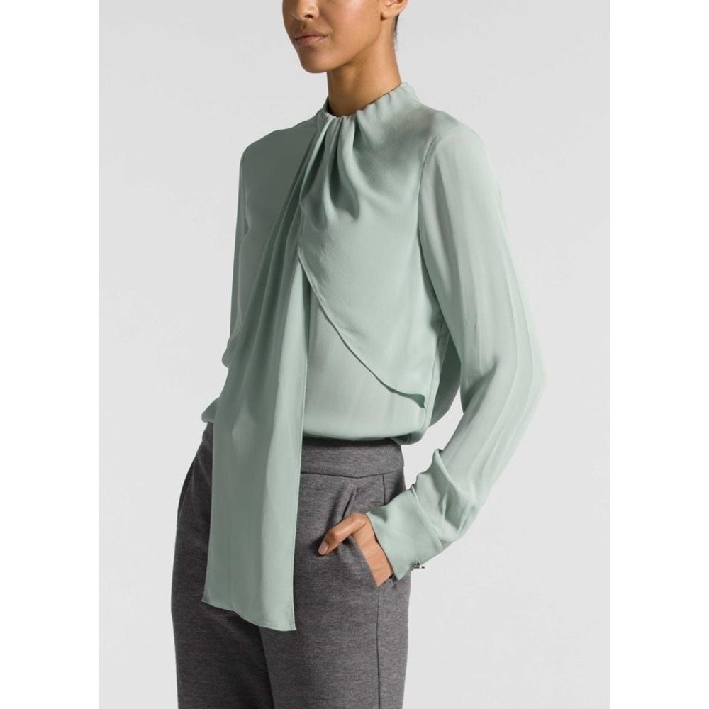 St. John Silk Tie Neck Blouse Mint Green Draped Long Sleeve Size 10